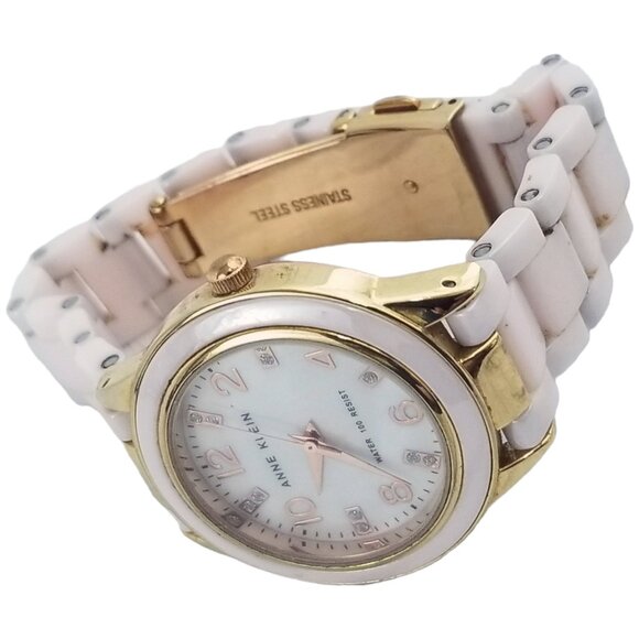 Anne Klein Women's Pink Enamel Gold Tone Watch Mother of Pearl Stainless Steel - Picture 8 of 10
